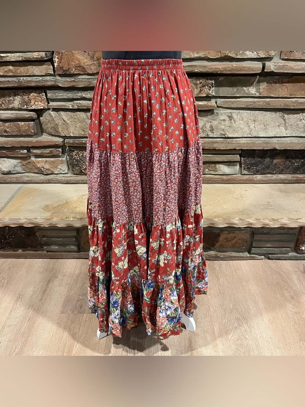 Vintage Karen Kane Bohemian Tiered Maxi Skirt - Red Florals